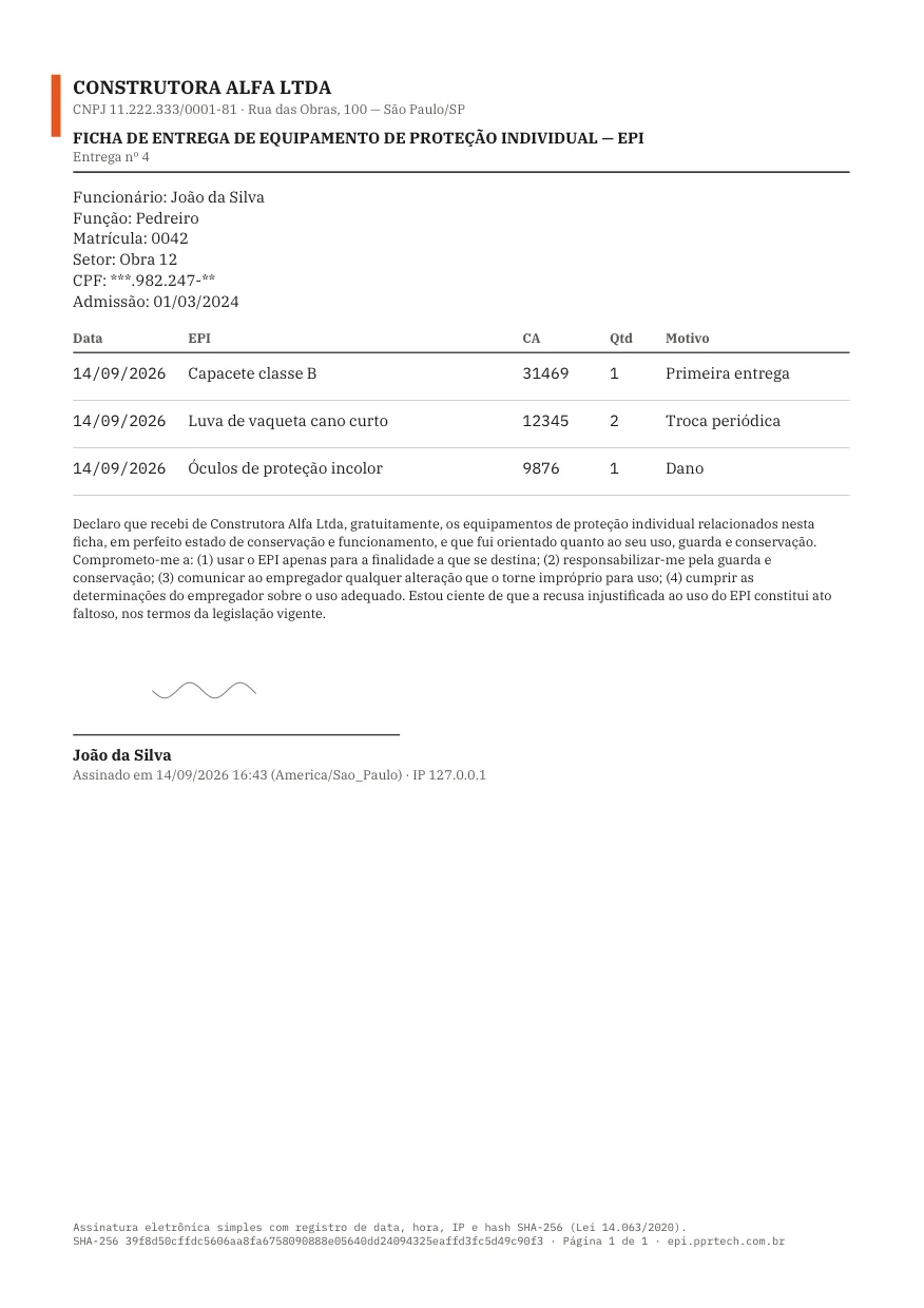 Ficha de entrega de EPI assinada, com itens, declaração NR-6, assinatura vetorial e hash SHA-256 no rodapé